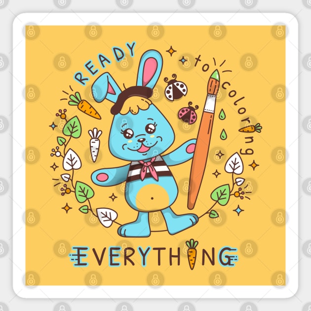 Cute kawaii cartoon Bunny Fluffy with paint brush. Tagline: Ready to coloring everything. Magnet by The Fantazilia